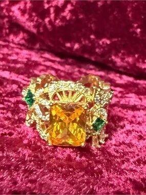 Gold-Tone Yellow Citrine & Green Accent Statement Ring